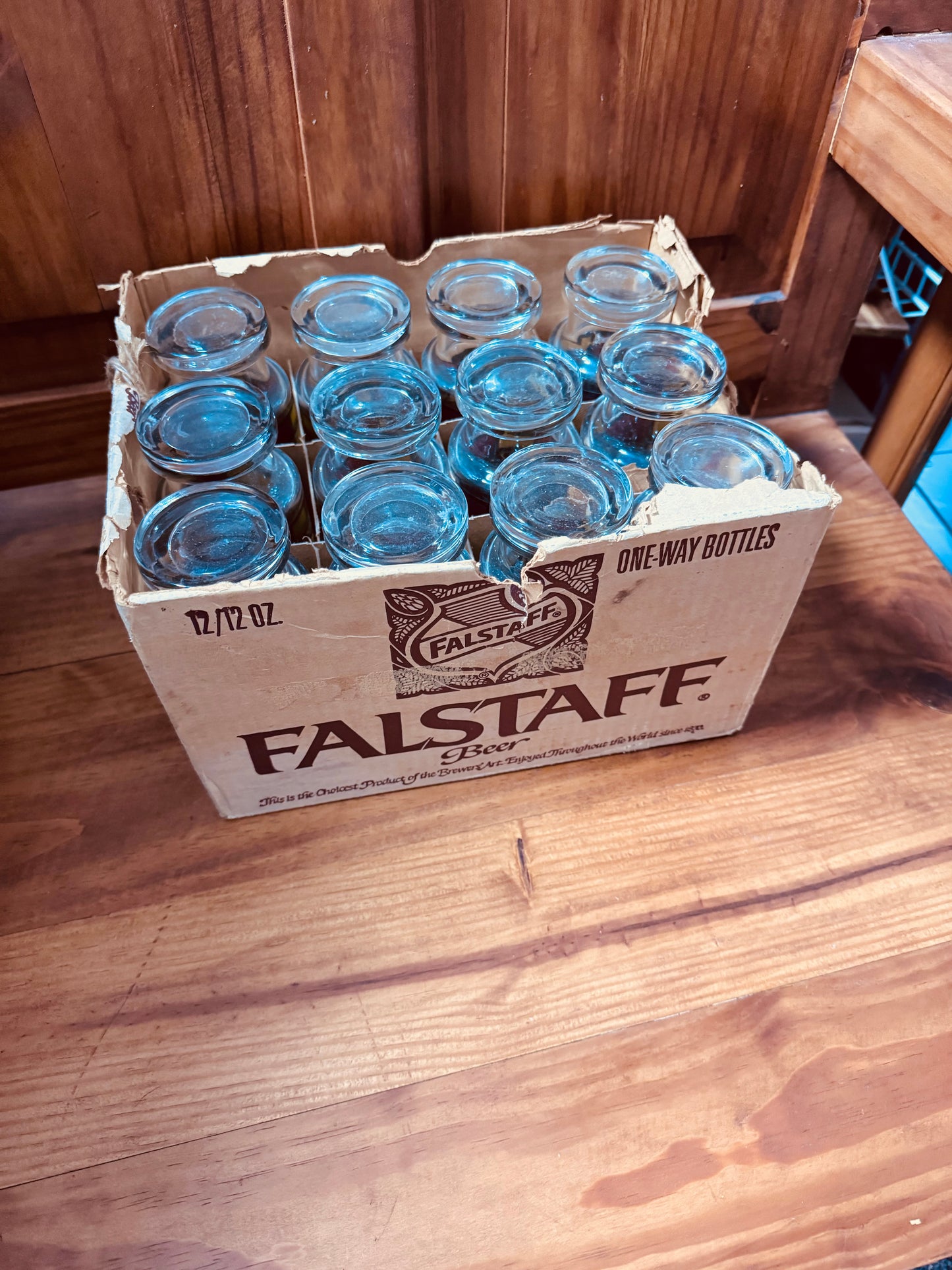 Falstaff “Stained Glass” Beer Glass Set – 12 NOS Tall Glasses with Original Case