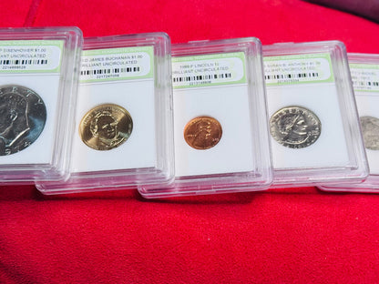 #11/8  U.S. Coin & Note Showcase — 17 Capsule Coins + Five $2 (1976) + 12 Commemorative Quarters + Bonus Packs & Mystery Pouch