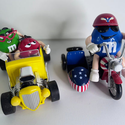 #37   Vintage M&M’s Candy Dispenser Set – Rebel Hot Rod Car & Blue Motorcycle with Sidecar