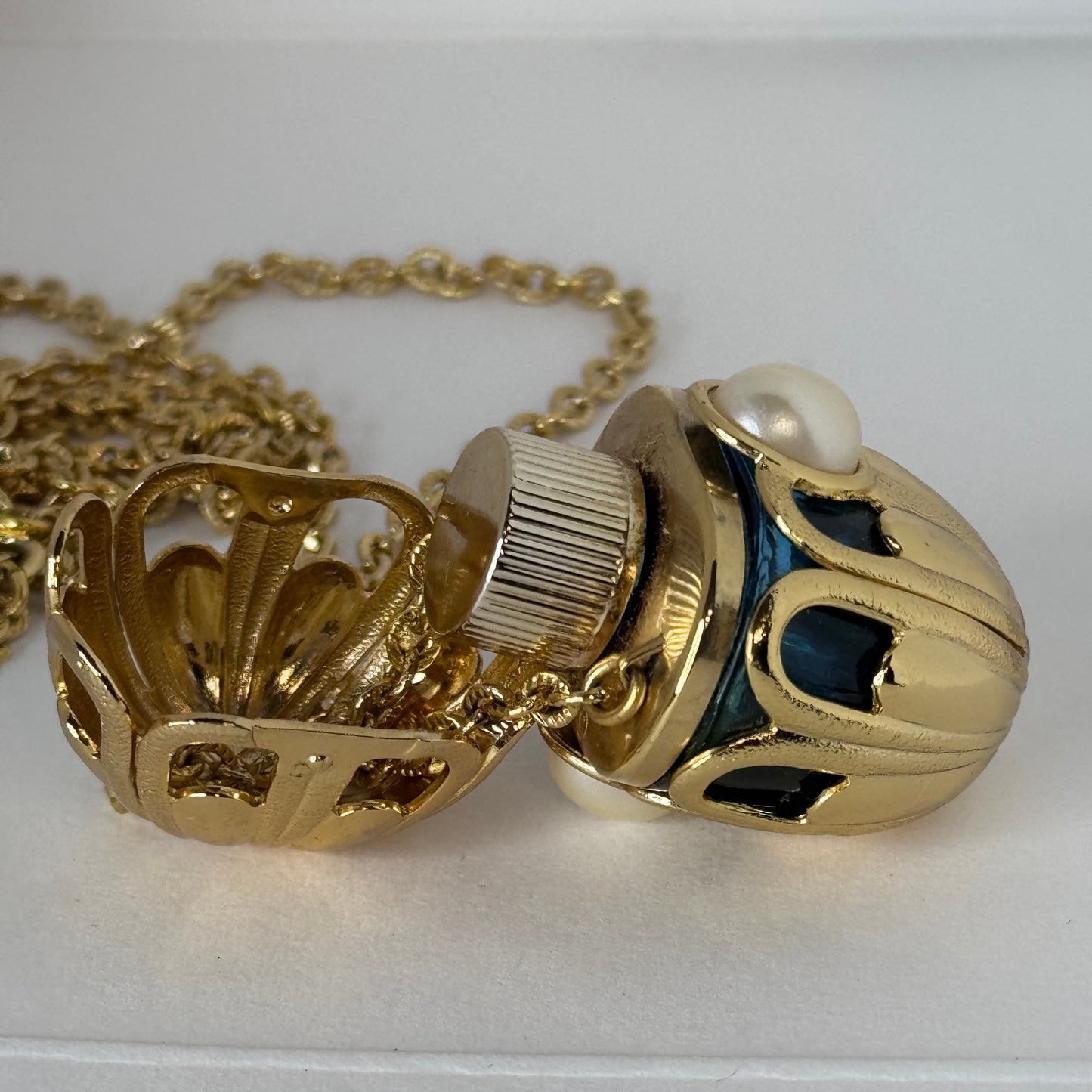 Vintage Avon Perfume Bottle Pendant Necklace – Gold-Tone, Green Enamel & Faux Pearl Accents    5/1
