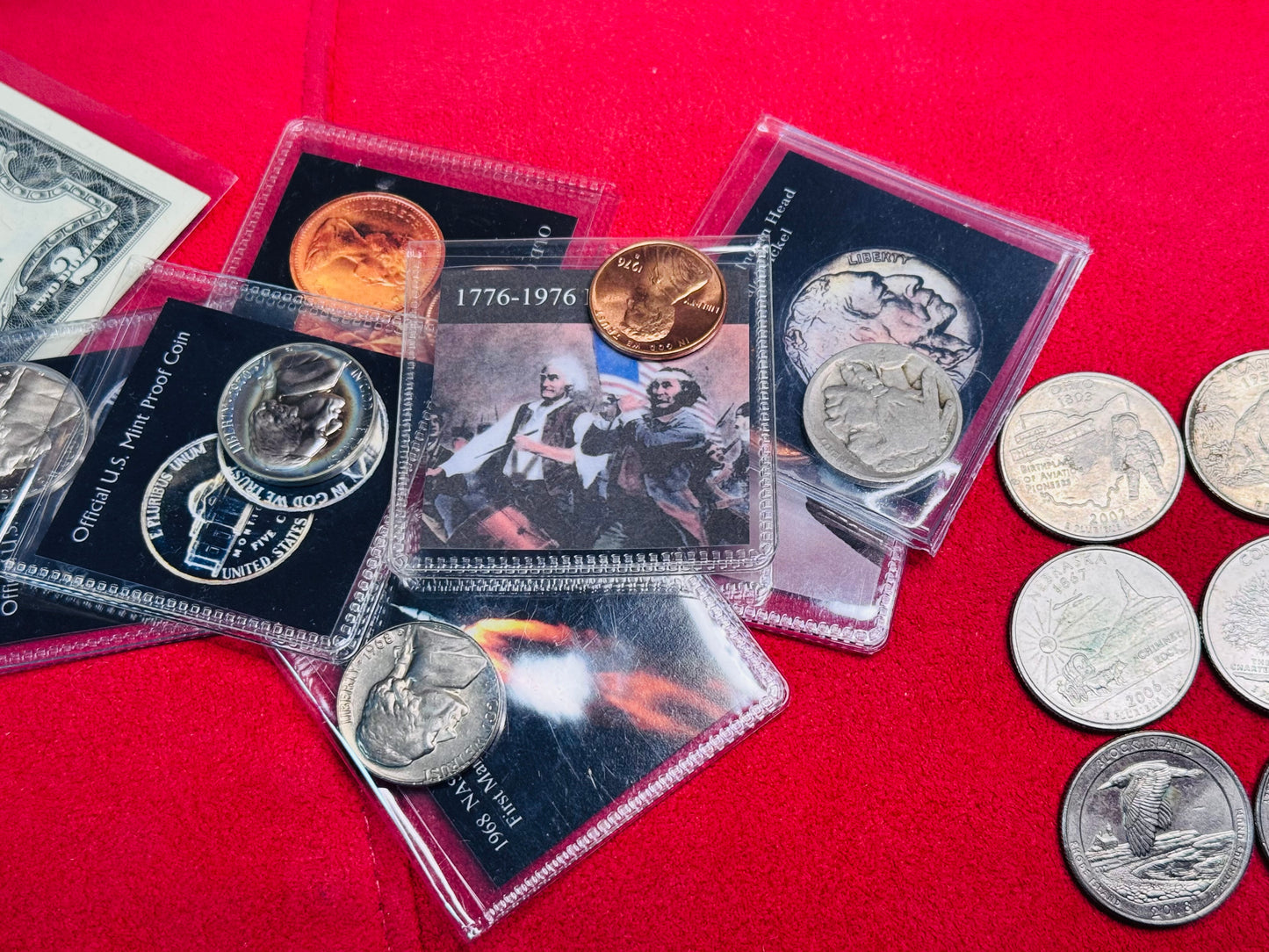 #11/8  U.S. Coin & Note Showcase — 17 Capsule Coins + Five $2 (1976) + 12 Commemorative Quarters + Bonus Packs & Mystery Pouch
