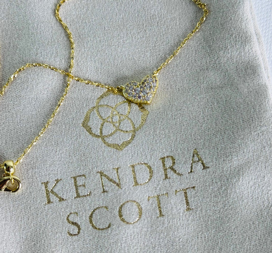 #34  Kendra Scott Ari Pavé Crystal Heart Necklace in White Crystal – Gold Tone, New in Box