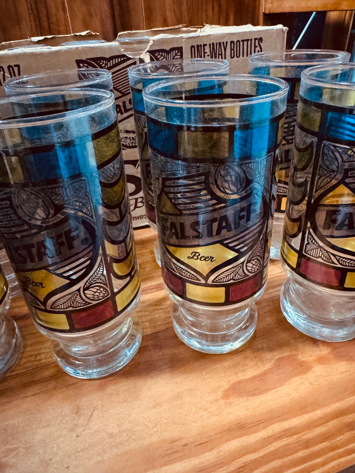 Falstaff “Stained Glass” Beer Glass Set – 12 NOS Tall Glasses with Original Case