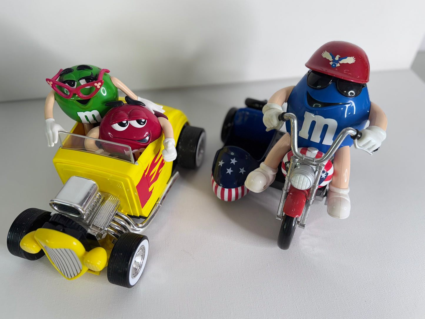 #37   Vintage M&M’s Candy Dispenser Set – Rebel Hot Rod Car & Blue Motorcycle with Sidecar