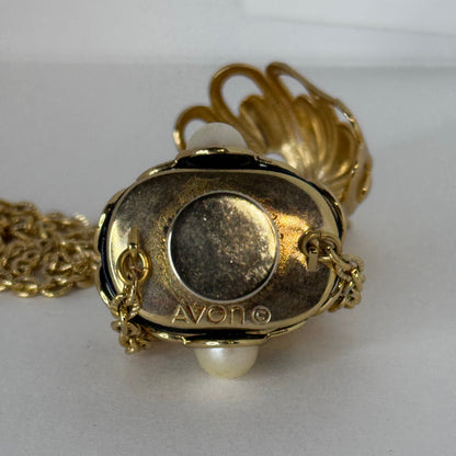 Vintage Avon Perfume Bottle Pendant Necklace – Gold-Tone, Green Enamel & Faux Pearl Accents    5/1