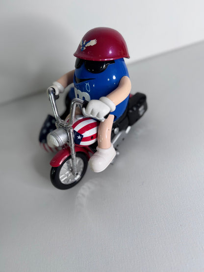 #37   Vintage M&M’s Candy Dispenser Set – Rebel Hot Rod Car & Blue Motorcycle with Sidecar