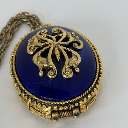 Vintage Max Factor Solid Perfume Compact Pendant – Blue Dome & Gold-Tone Filigree Locket  9/1