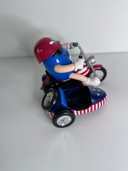 #37   Vintage M&M’s Candy Dispenser Set – Rebel Hot Rod Car & Blue Motorcycle with Sidecar