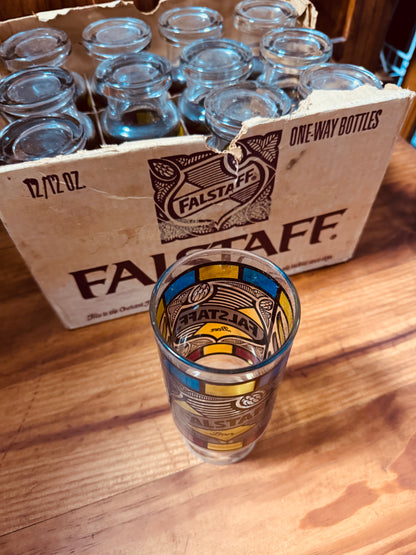 Falstaff “Stained Glass” Beer Glass Set – 12 NOS Tall Glasses with Original Case