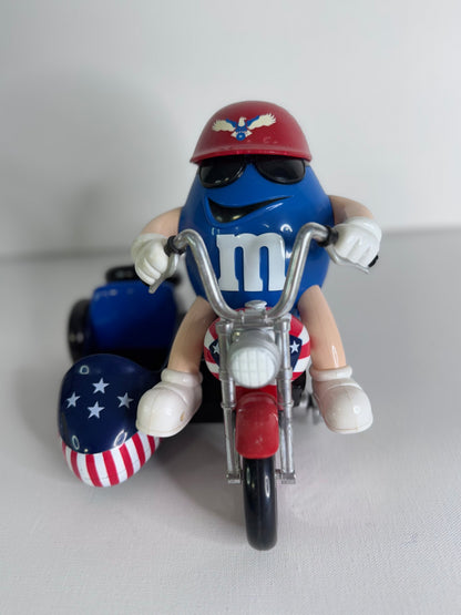 #37   Vintage M&M’s Candy Dispenser Set – Rebel Hot Rod Car & Blue Motorcycle with Sidecar