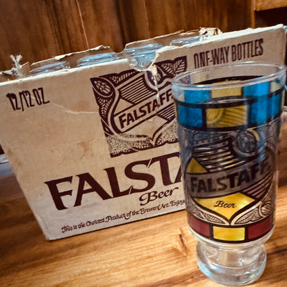 Falstaff “Stained Glass” Beer Glass Set – 12 NOS Tall Glasses with Original Case