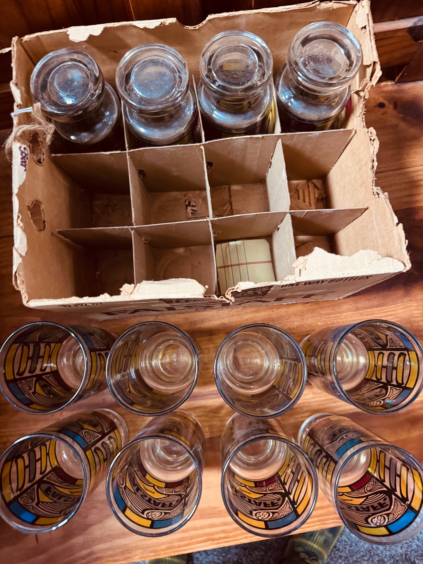 Falstaff “Stained Glass” Beer Glass Set – 12 NOS Tall Glasses with Original Case