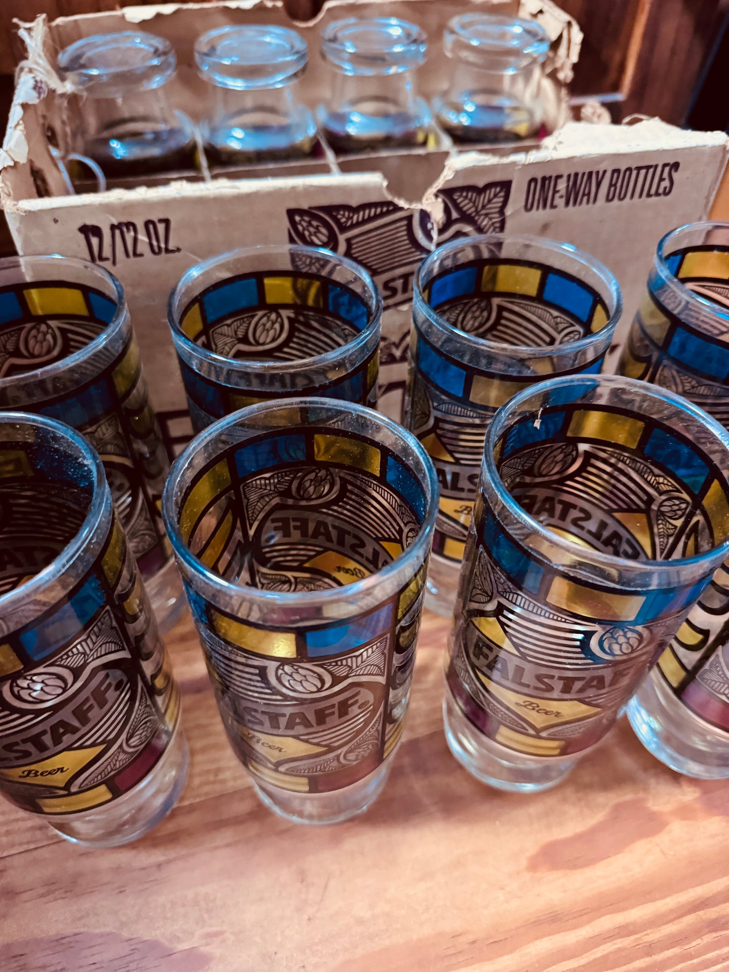 Falstaff “Stained Glass” Beer Glass Set – 12 NOS Tall Glasses with Original Case