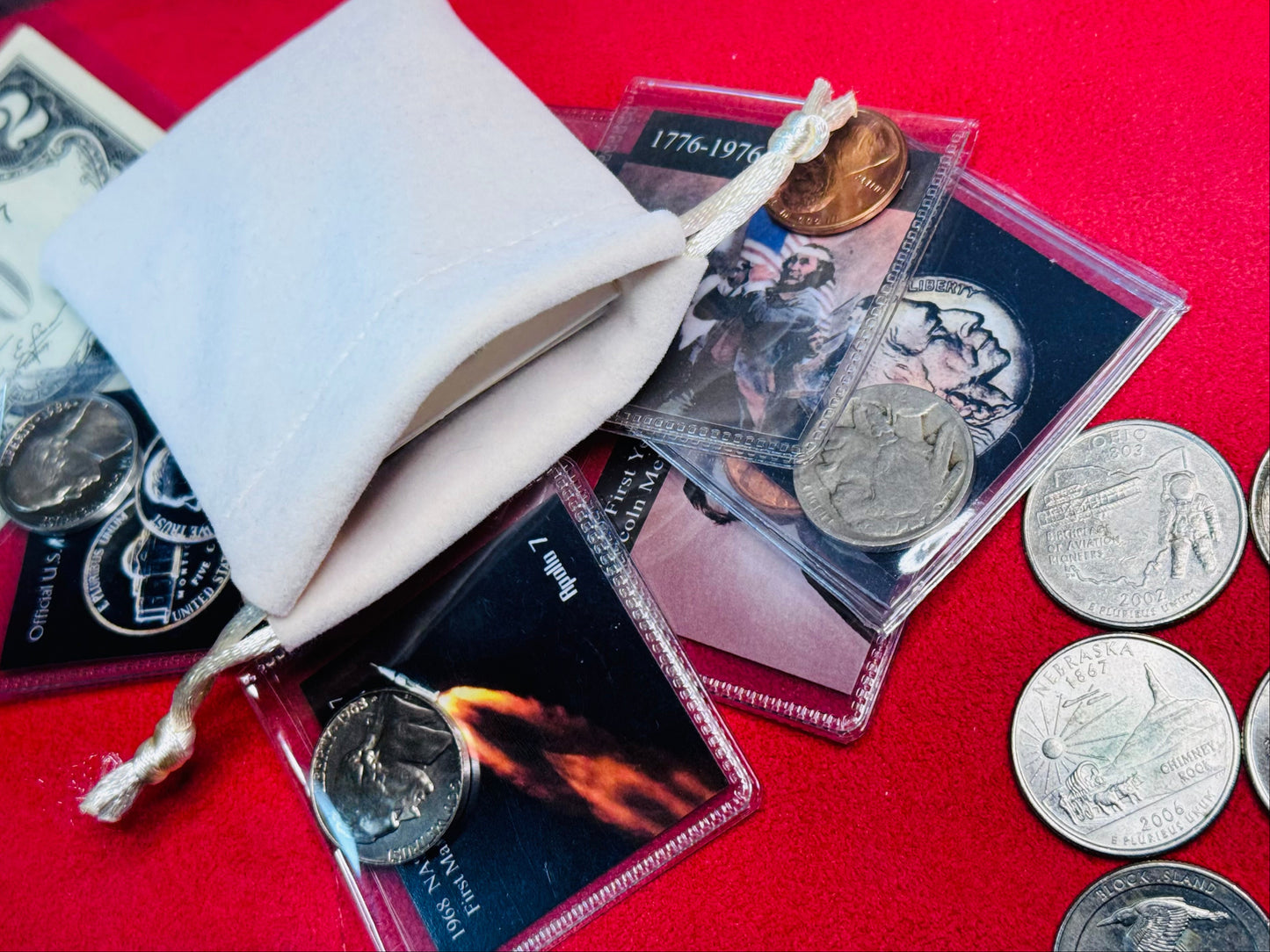 #11/8  U.S. Coin & Note Showcase — 17 Capsule Coins + Five $2 (1976) + 12 Commemorative Quarters + Bonus Packs & Mystery Pouch