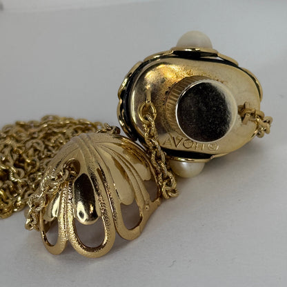 Vintage Avon Perfume Bottle Pendant Necklace – Gold-Tone, Green Enamel & Faux Pearl Accents    5/1