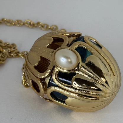 Vintage Avon Perfume Bottle Pendant Necklace – Gold-Tone, Green Enamel & Faux Pearl Accents    5/1