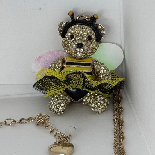 Betsey Johnson Bee Teddy Bear Pendant Necklace – Rhinestone & Enamel, Gold Tone   2/2