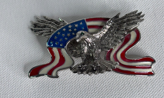 #32  Patriotic Bald Eagle & American Flag Brooch – Silver Tone Enamel Pin (32g)