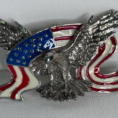 #32  Patriotic Bald Eagle & American Flag Brooch – Silver Tone Enamel Pin (32g)