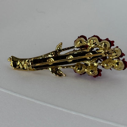 Vintage-Style Burgundy Rose Bouquet Brooch, Gold Tone    6/1