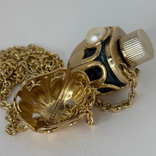 Vintage Avon Perfume Bottle Pendant Necklace – Gold-Tone, Green Enamel & Faux Pearl Accents    5/1