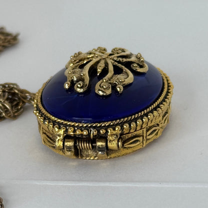 Vintage Max Factor Solid Perfume Compact Pendant – Blue Dome & Gold-Tone Filigree Locket  9/1