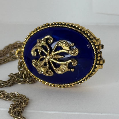 Vintage Max Factor Solid Perfume Compact Pendant – Blue Dome & Gold-Tone Filigree Locket  9/1