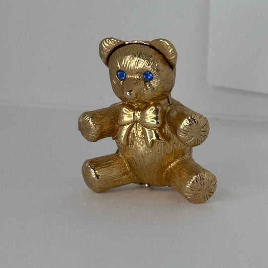 Vintage Max Factor “Le Jardin” Under Teddy Solid Perfume Brooch – Gold-Tone Bear with Blue Eyes   10/1