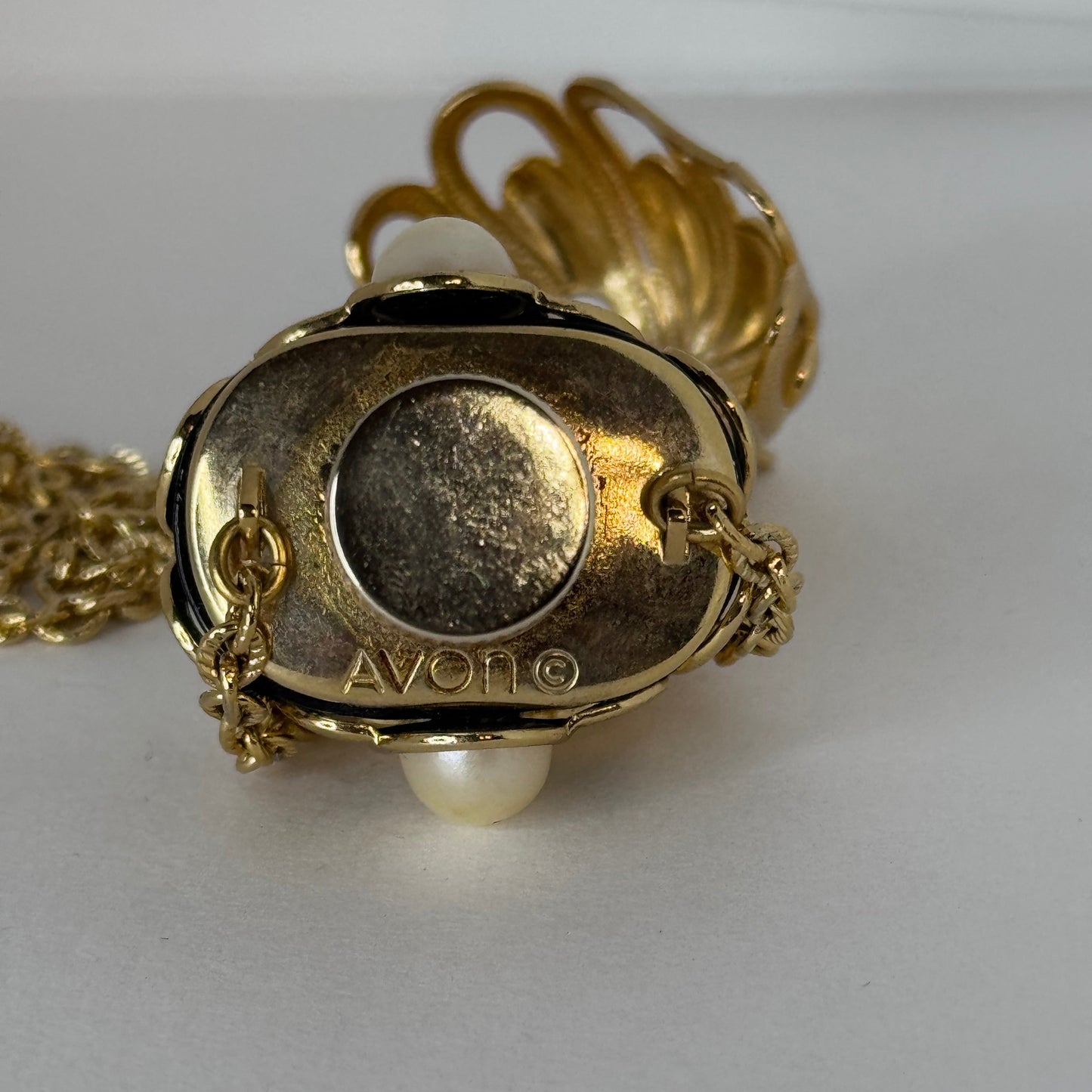 Vintage Avon Perfume Bottle Pendant Necklace – Gold-Tone, Green Enamel & Faux Pearl Accents    5/1