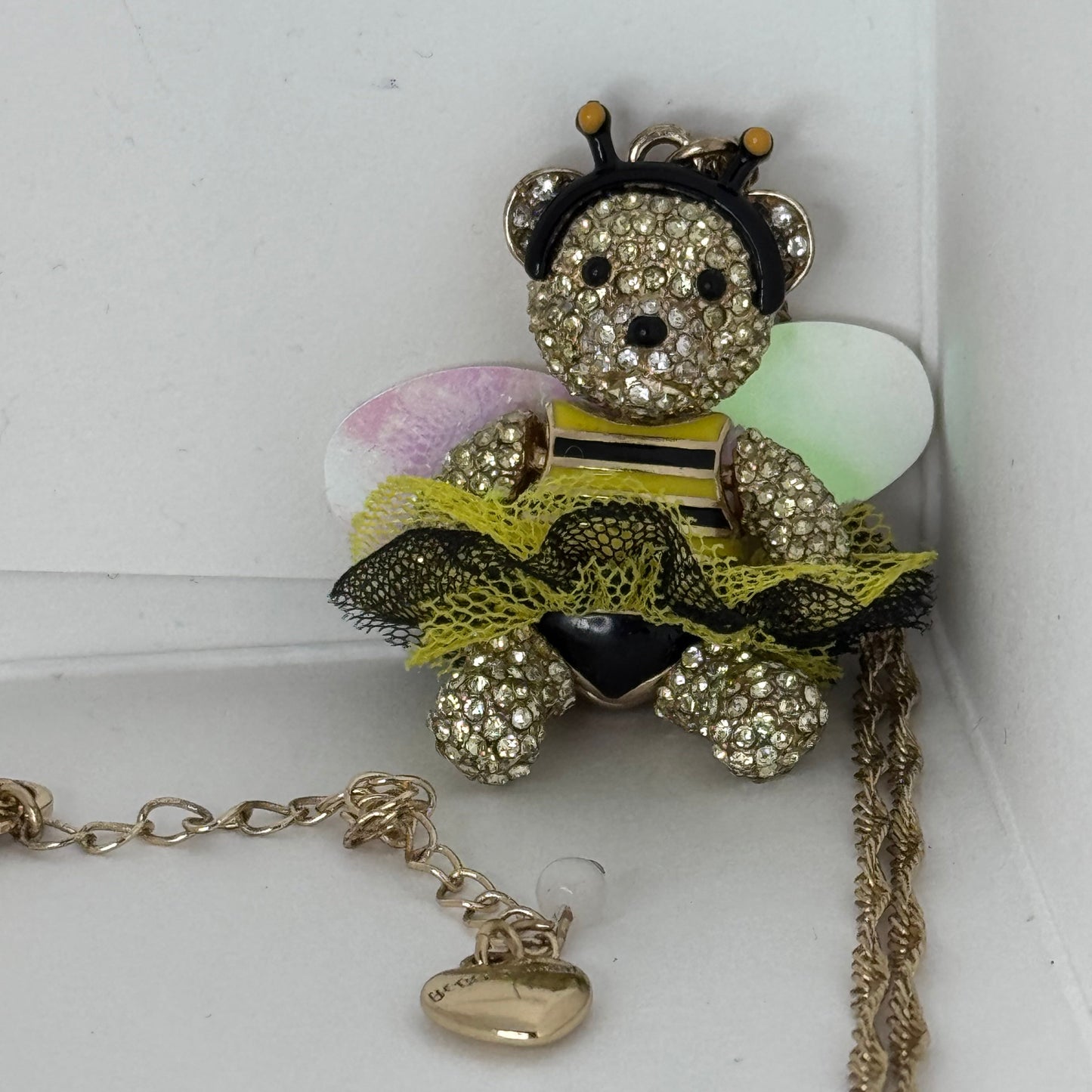 Betsey Johnson Bee Teddy Bear Pendant Necklace – Rhinestone & Enamel, Gold Tone   2/2
