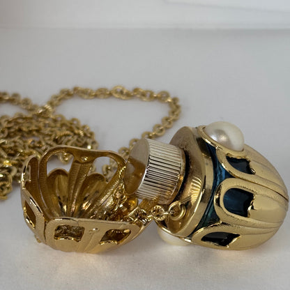 Vintage Avon Perfume Bottle Pendant Necklace – Gold-Tone, Green Enamel & Faux Pearl Accents    5/1