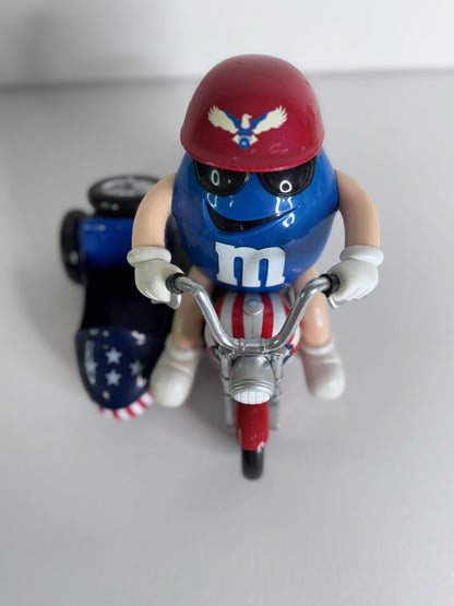 #37   Vintage M&M’s Candy Dispenser Set – Rebel Hot Rod Car & Blue Motorcycle with Sidecar