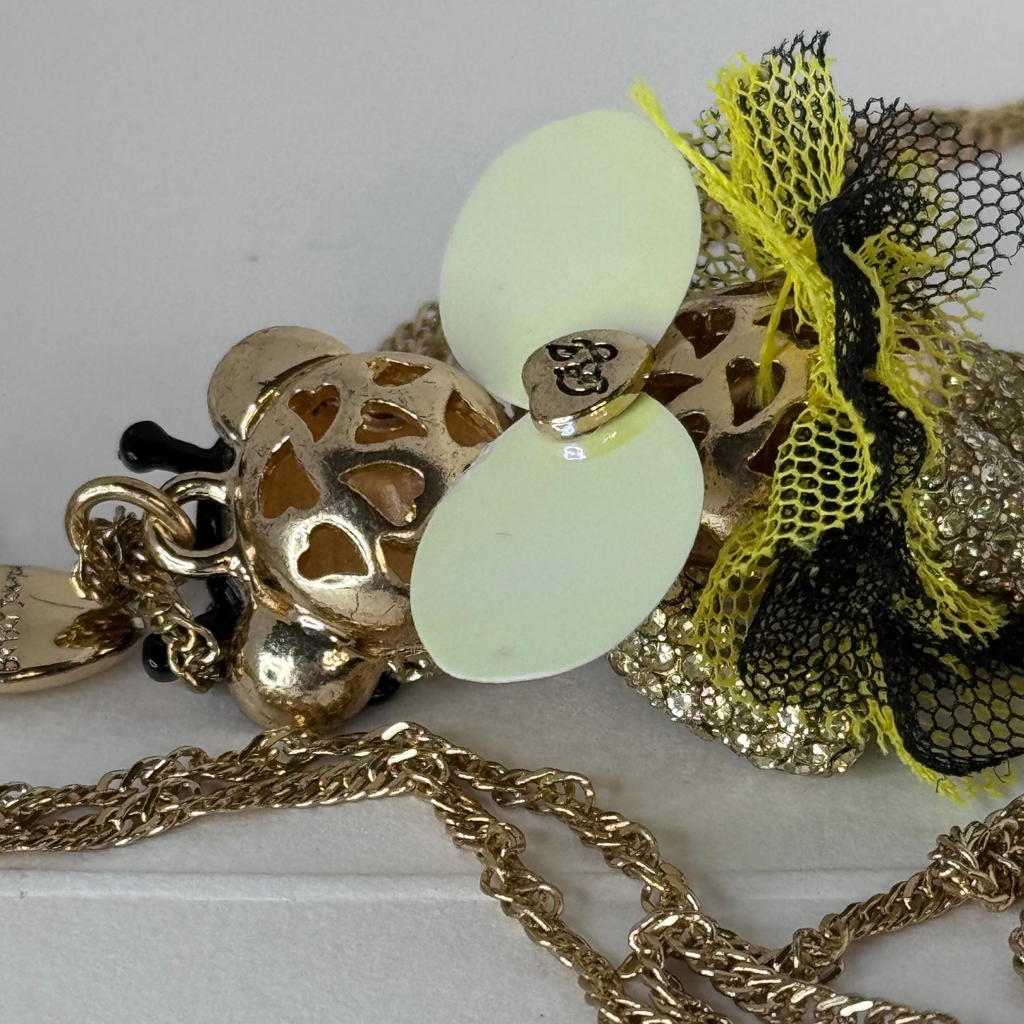 Betsey Johnson Bee Teddy Bear Pendant Necklace – Rhinestone & Enamel, Gold Tone   2/2