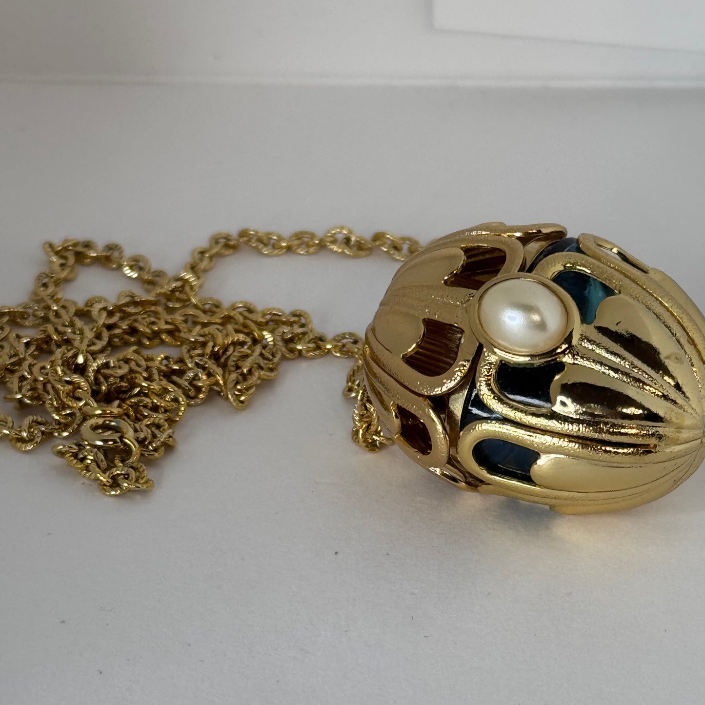 Vintage Avon Perfume Bottle Pendant Necklace – Gold-Tone, Green Enamel & Faux Pearl Accents    5/1