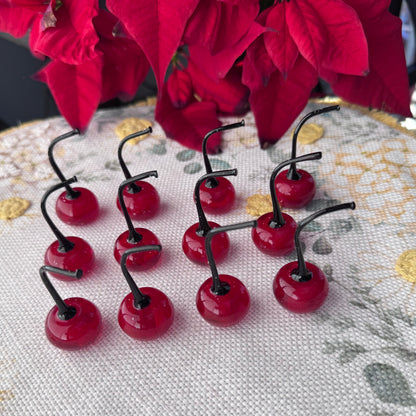 Vintage-Style Glass Cherry Decor Picks (Set of 12) – Red  25/1