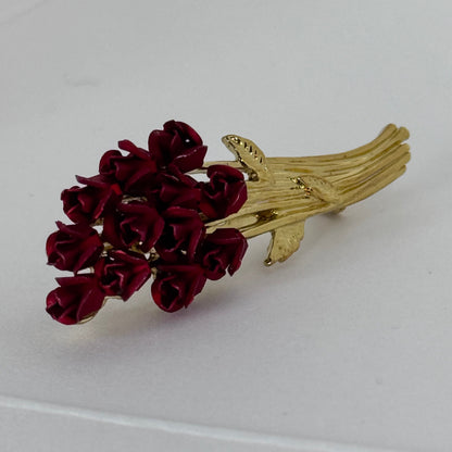 Vintage-Style Burgundy Rose Bouquet Brooch, Gold Tone    6/1