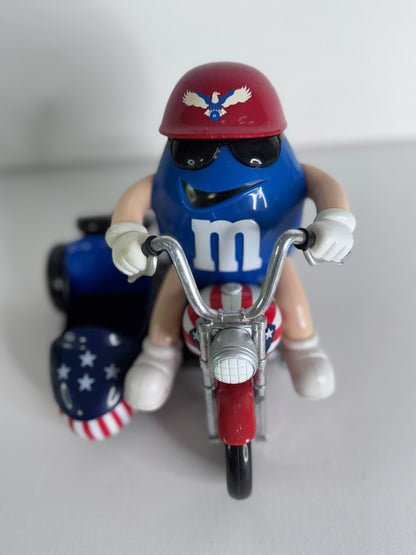 #37   Vintage M&M’s Candy Dispenser Set – Rebel Hot Rod Car & Blue Motorcycle with Sidecar