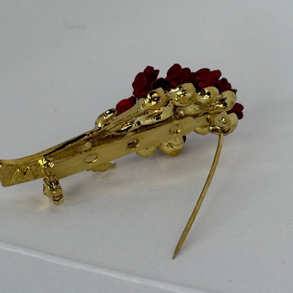 Vintage-Style Burgundy Rose Bouquet Brooch, Gold Tone    6/1