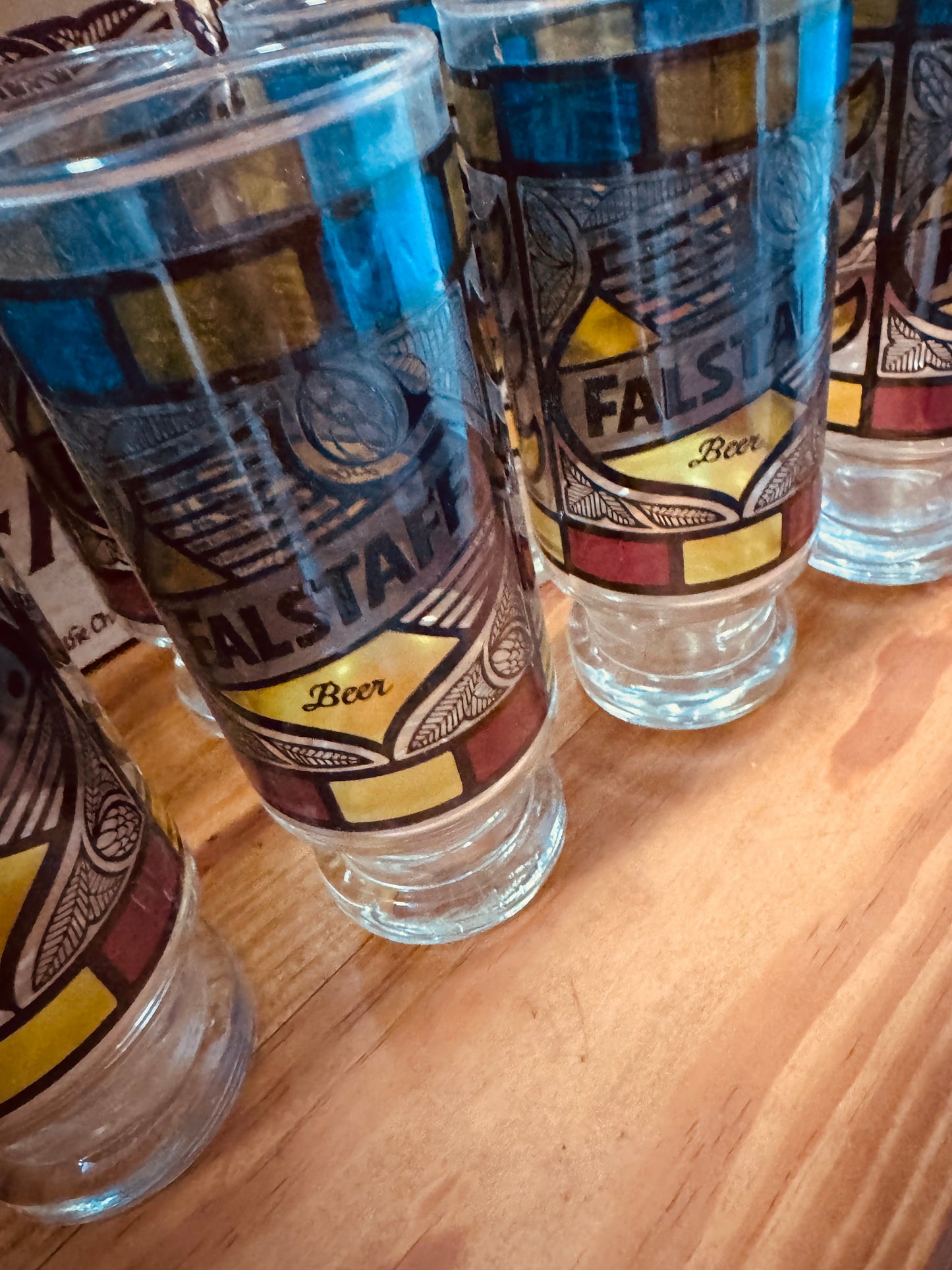 Falstaff “Stained Glass” Beer Glass Set – 12 NOS Tall Glasses with Original Case